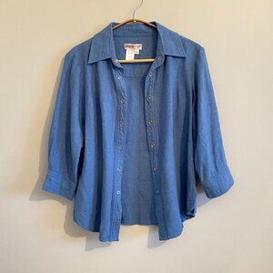 Vintage 90s Linen Blend Button Blue Down Shirt Cottagecore Utility Cabincore